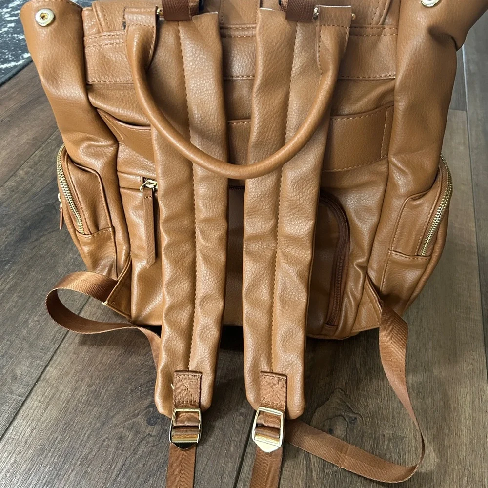 MOMINSIDE Brown Faux Leather Diaper Backpack Multi-Pocket